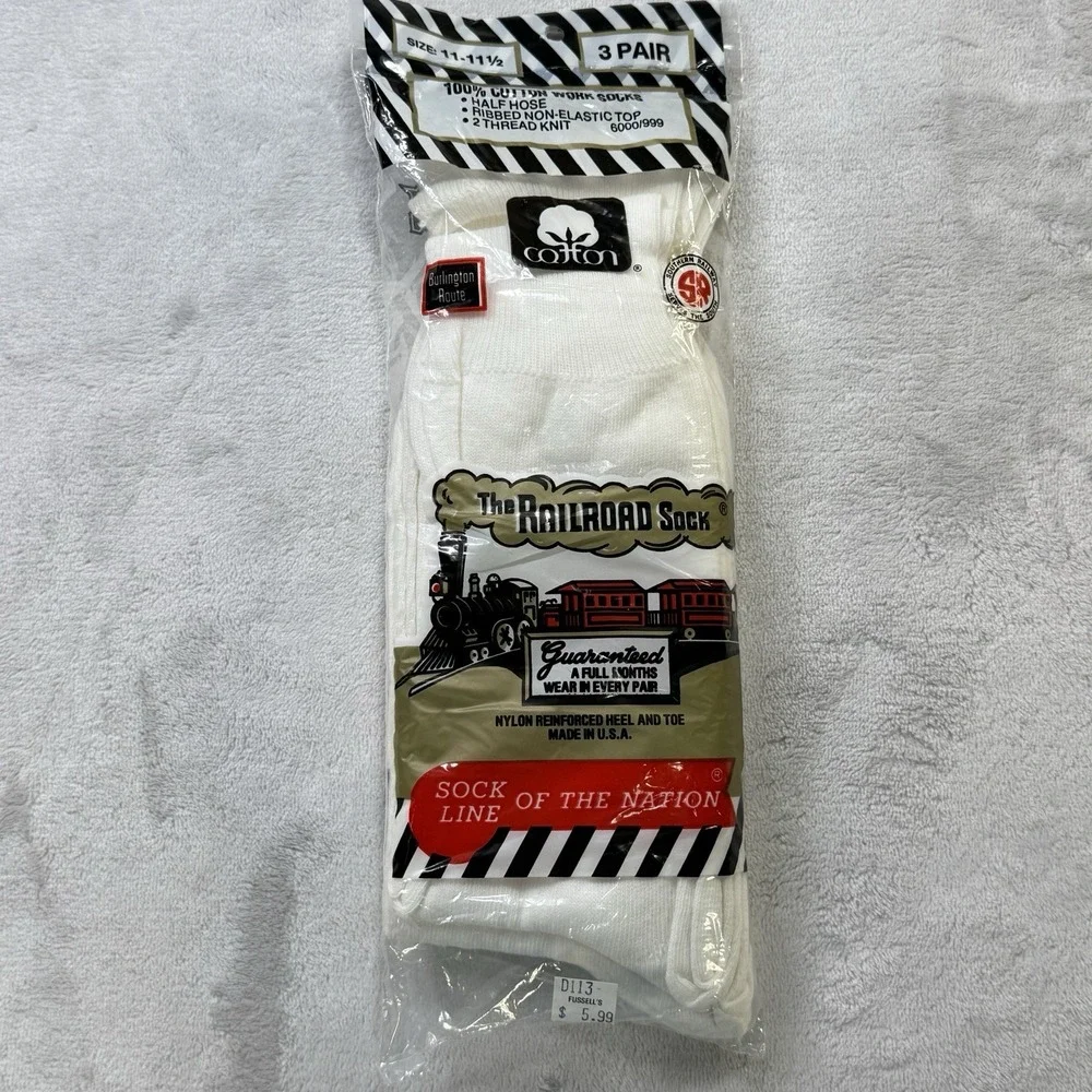 Vintage NOS Railroad Sock 3 Pair Work Socks USA Made Cotton Size 11-11.5